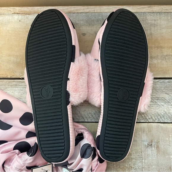 Victoria's Secret Signature Satin Slippers Polka Dot with Faux Fur - Picture 3 of 11